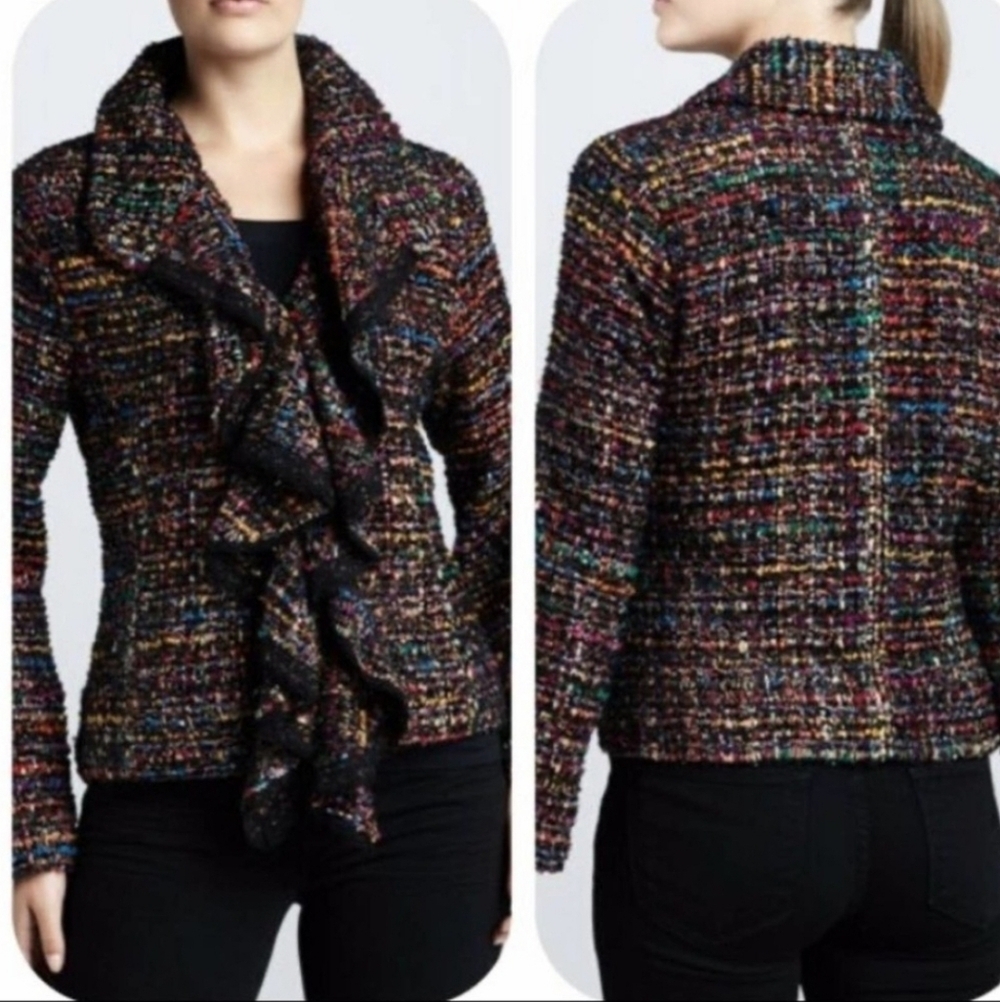 Berek Harmony Rainbow Tweed Lace Trimmed Waterfall Ruffle Jacket